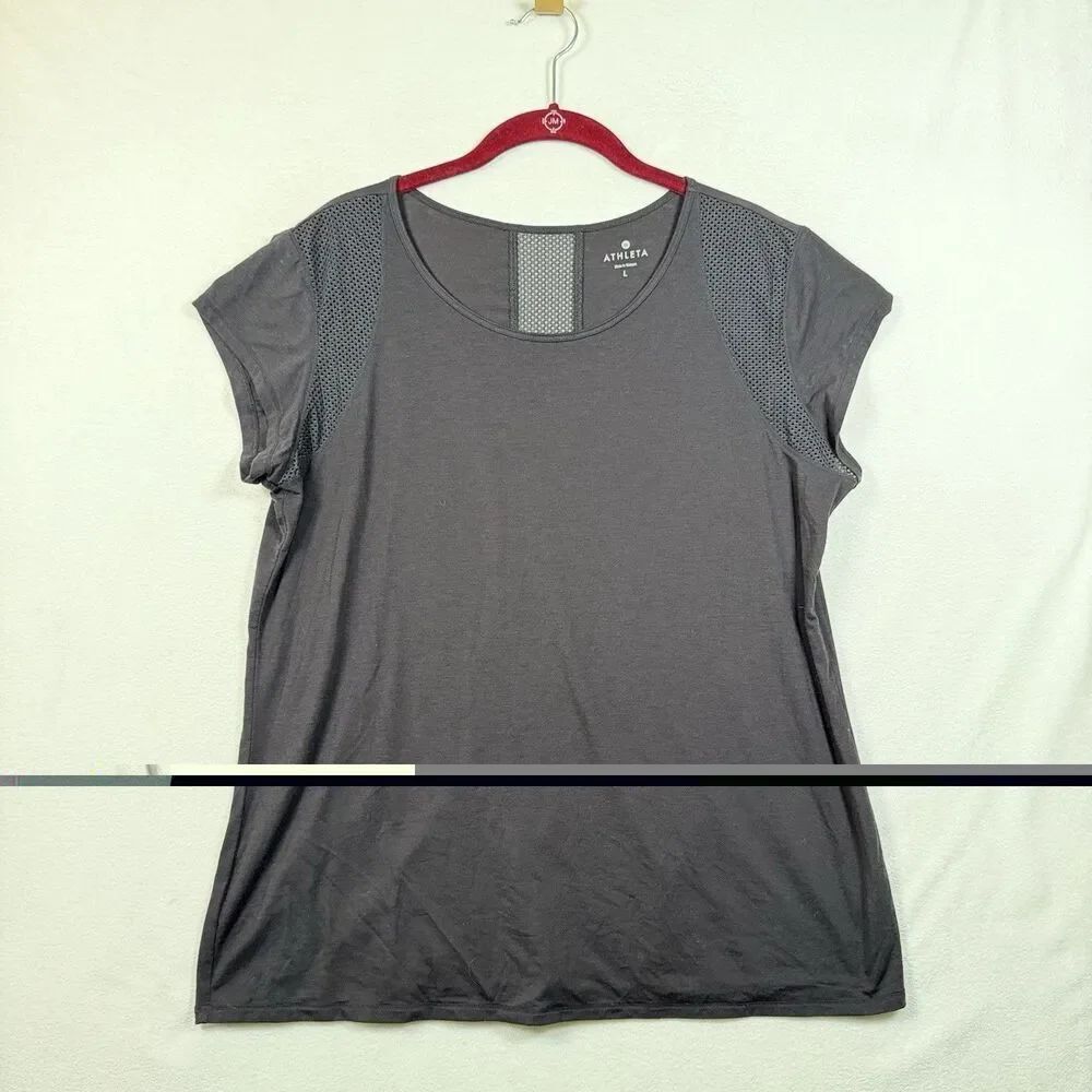 Athleta Black Mesh Panel Athletic Top Women Large Cap Sleeve Stretch Activewear